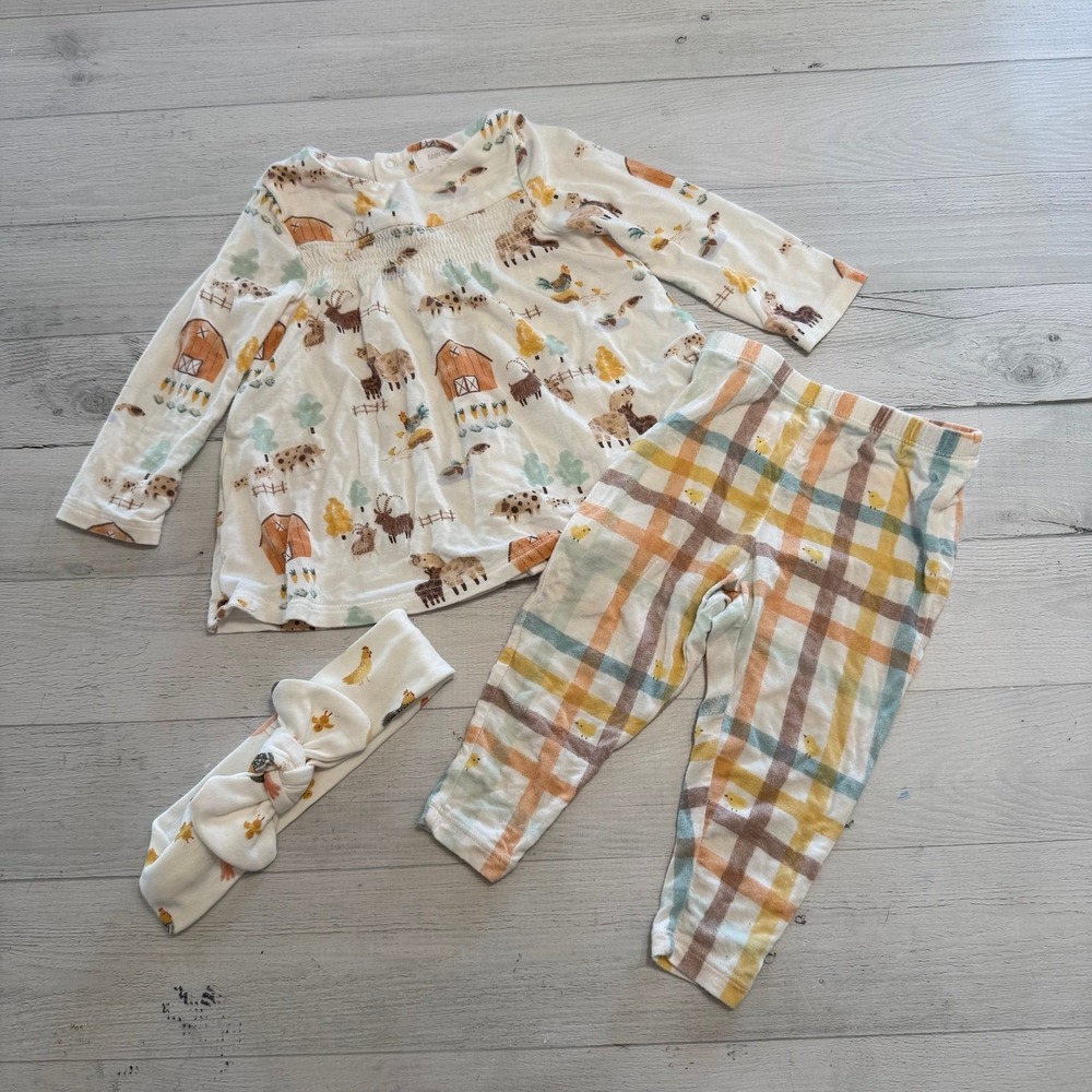 Angel Dear baby girl 3 piece set farm animals top pants and headband 3/6 months